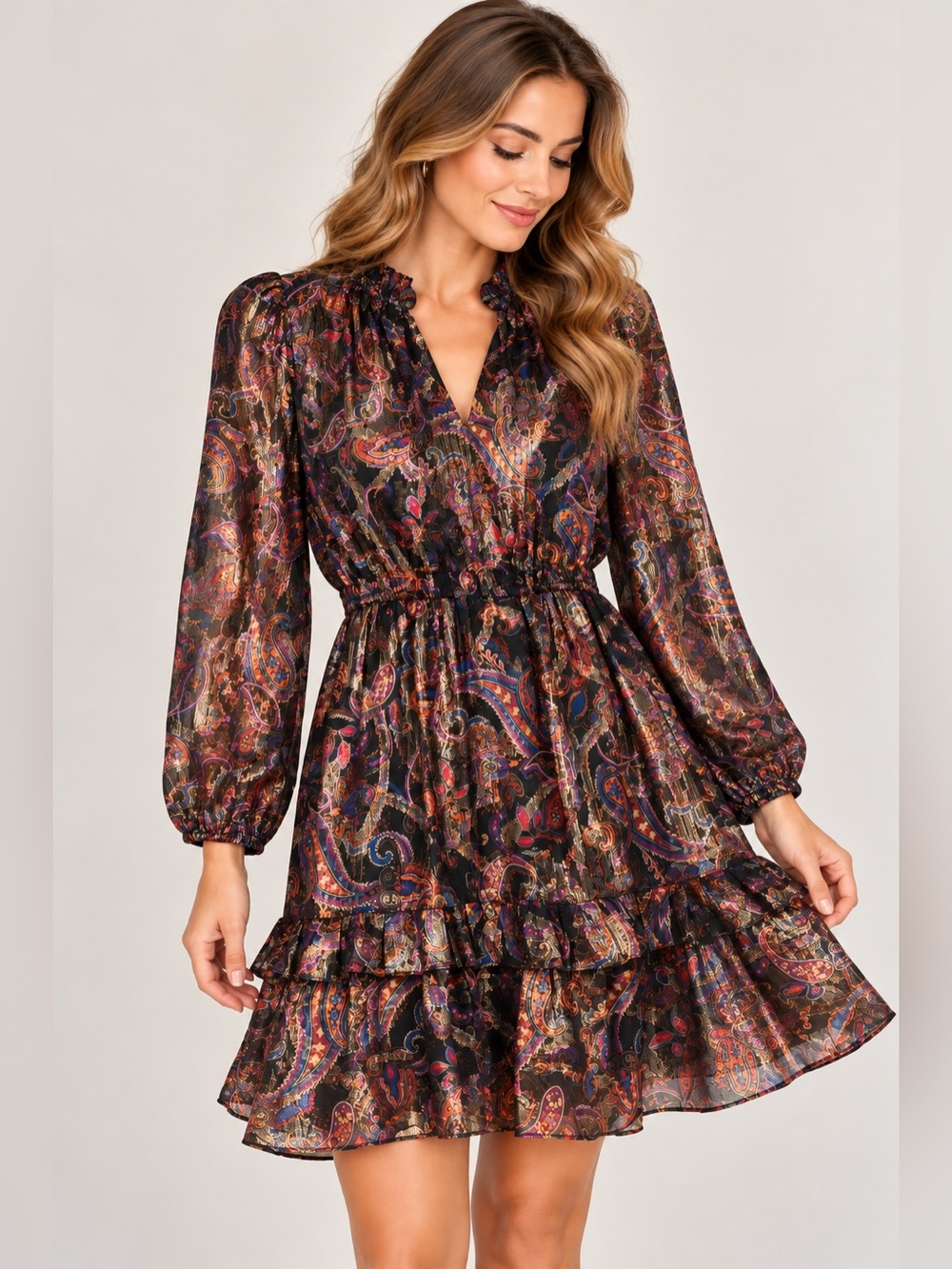 Vince Camuto Metallic Paisley Chiffon Ruffle Dress Size 8